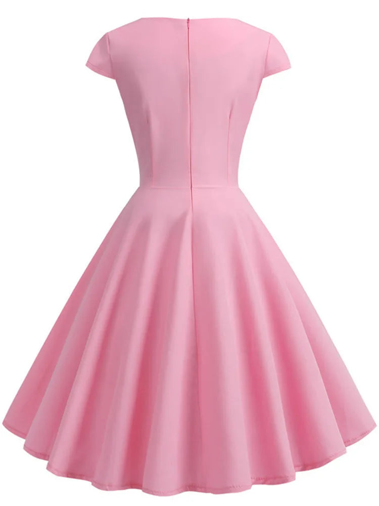 Pink Summer Dress Women V Neck Big Swing Vintage Dress Robe Femme Elegant Retro pin up Party Office Midi Dresses