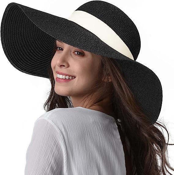 LUCKYSONG Womens Sun Straw Hat Wide Brim UPF 50 Summer Hat Foldable Roll up Floppy Beach Hats for Women