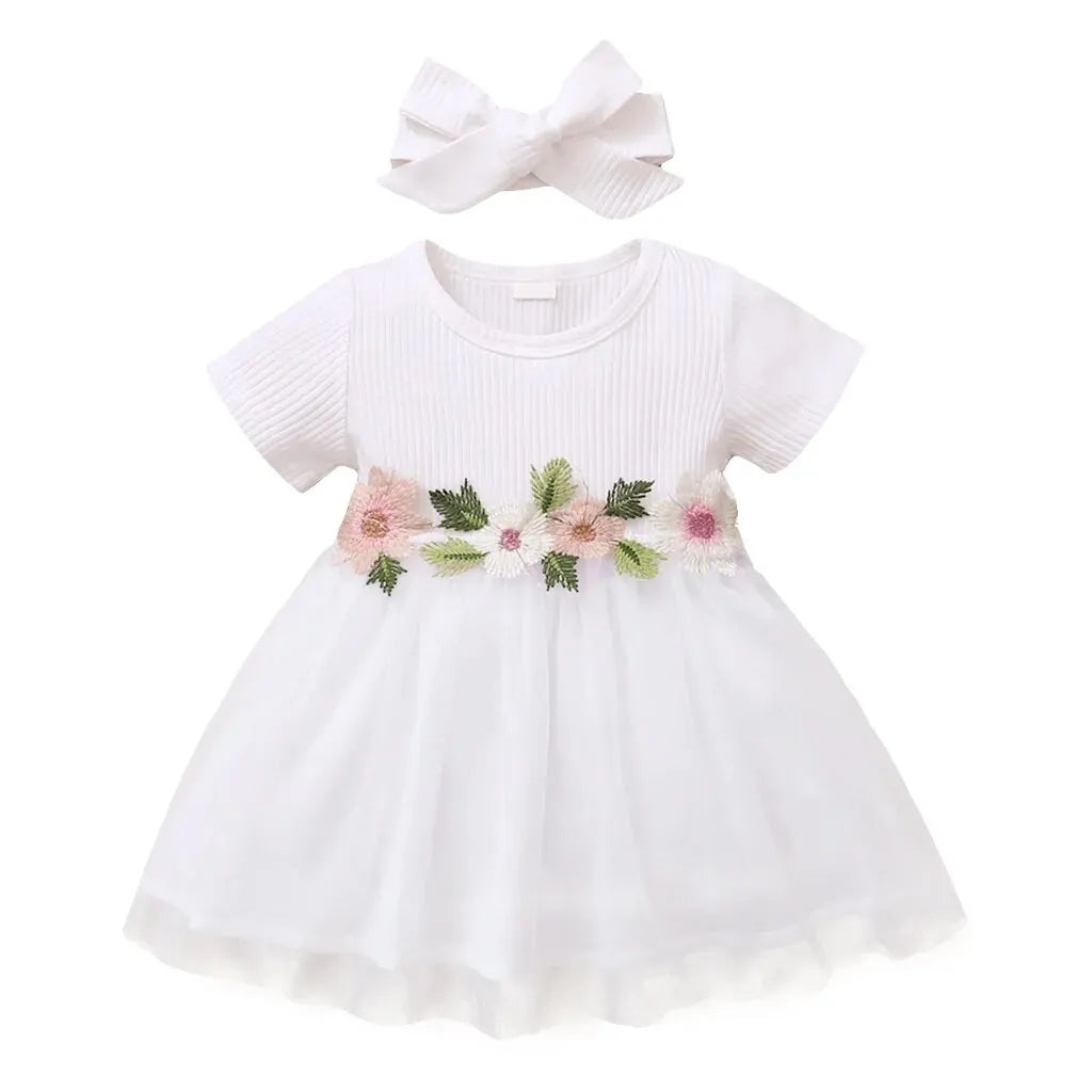 1-3 Years Newborn Baby Girl Princess Dress Embroideried Flowers Short Sleeve Fashion Tulle Skirt Summer Dress for Toddler Girl