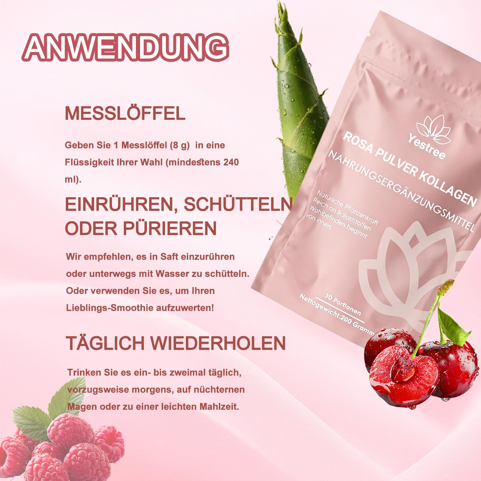 VITAFANT GREEN HELFERS 2Pack Rosa Pulver Kollagen, Natürliche Pulverformel, veganes Pflanzenpulver Mit Bambussprossen, Baobab, Himbeere, Acerola, Kollagen+Hyaluron 200g