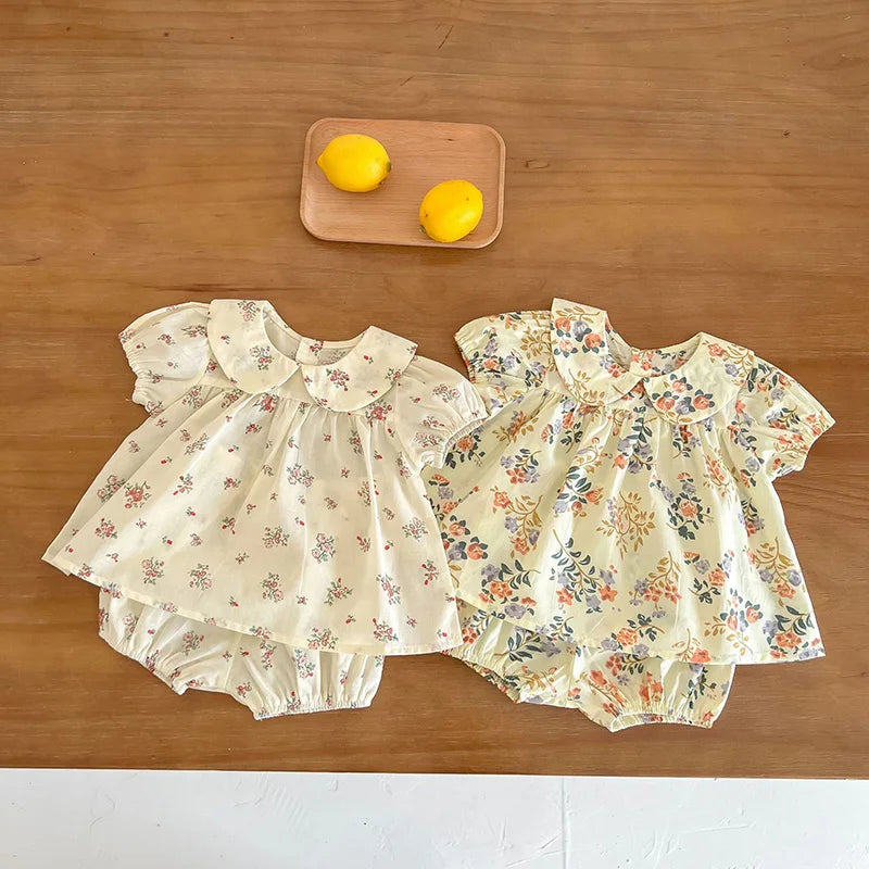 2026 Summer Baby Clothing Set Floral Baby Girls Suits Peter Pan Collar Tee and Bloomer 2 Pcs