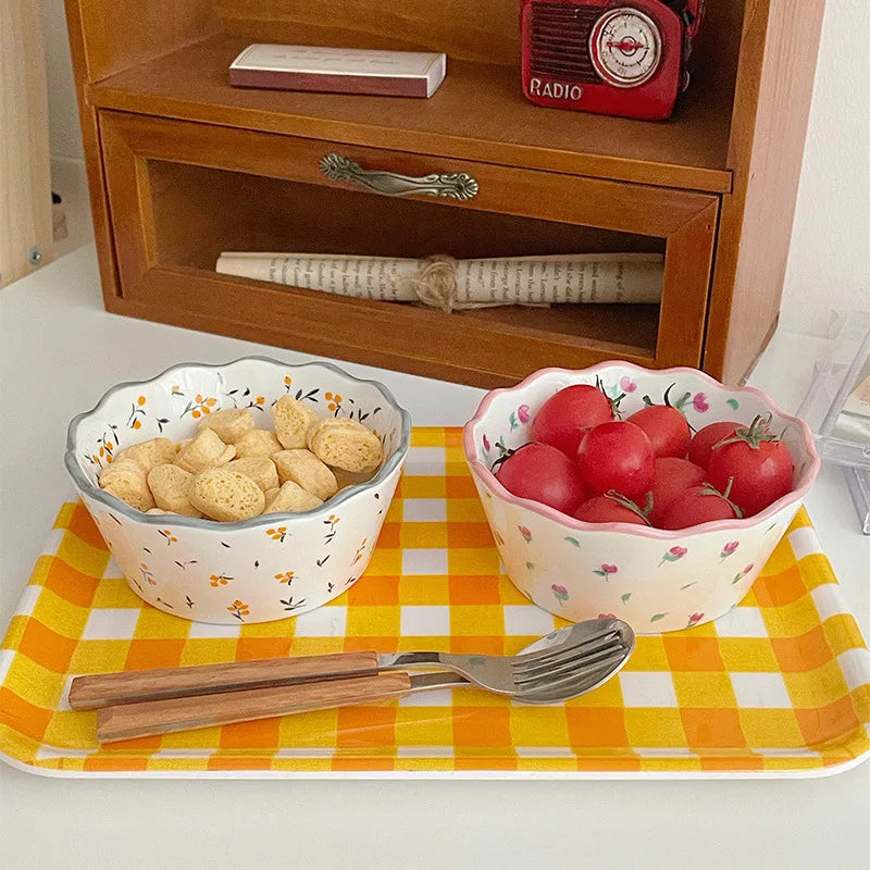 Fresh Pastoral Small Broken Flower Ceramic Bowl Ins Vintage Lace Salad Fruit Thickened Lovely Soup Rice Bowl Complimentary Spoon