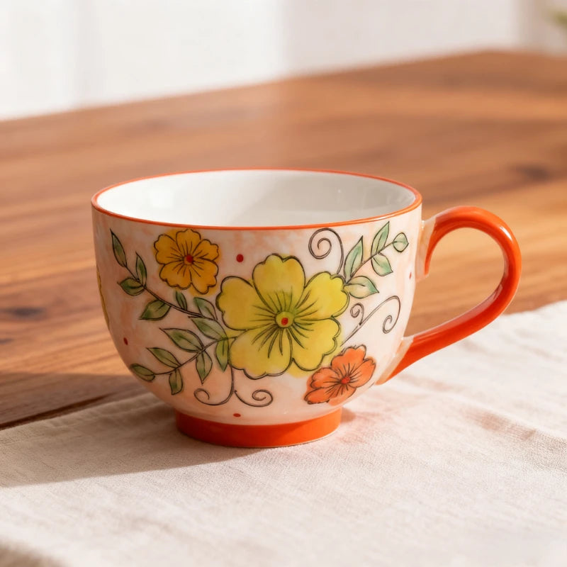 Embossed pure hand-painted ceramic cup beautiful large capacity breakfast cup high value flower tea cup milk oatmeal cup