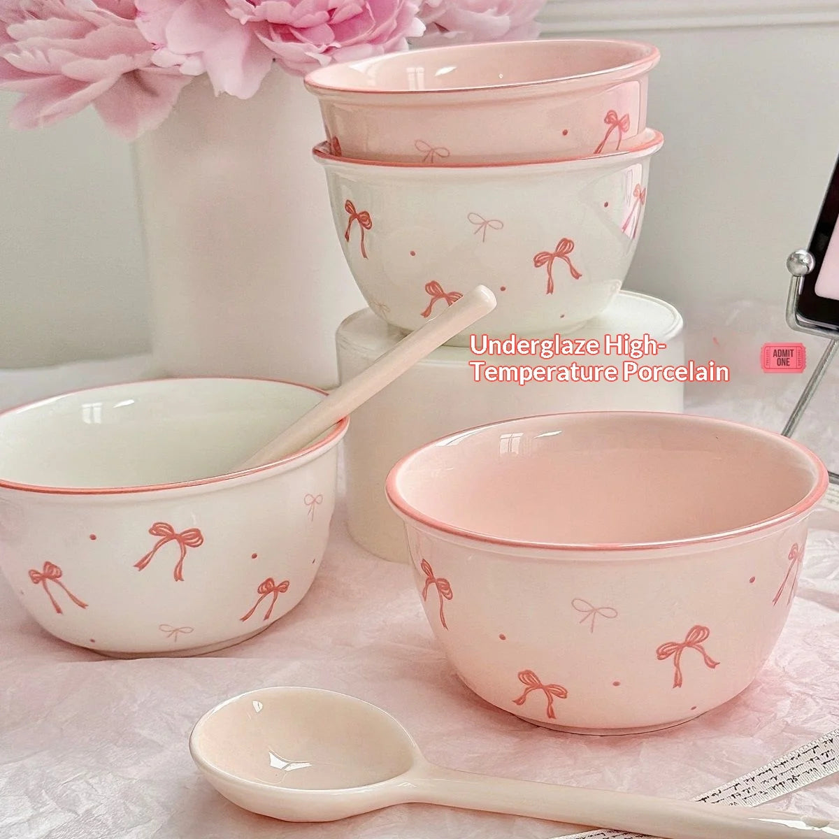 Aesthetic Bow Design Ceramic Tableware Set - Ruffled Edge Bowls & Plates with Underglaze Color Dessert Set Cute Dinnerware