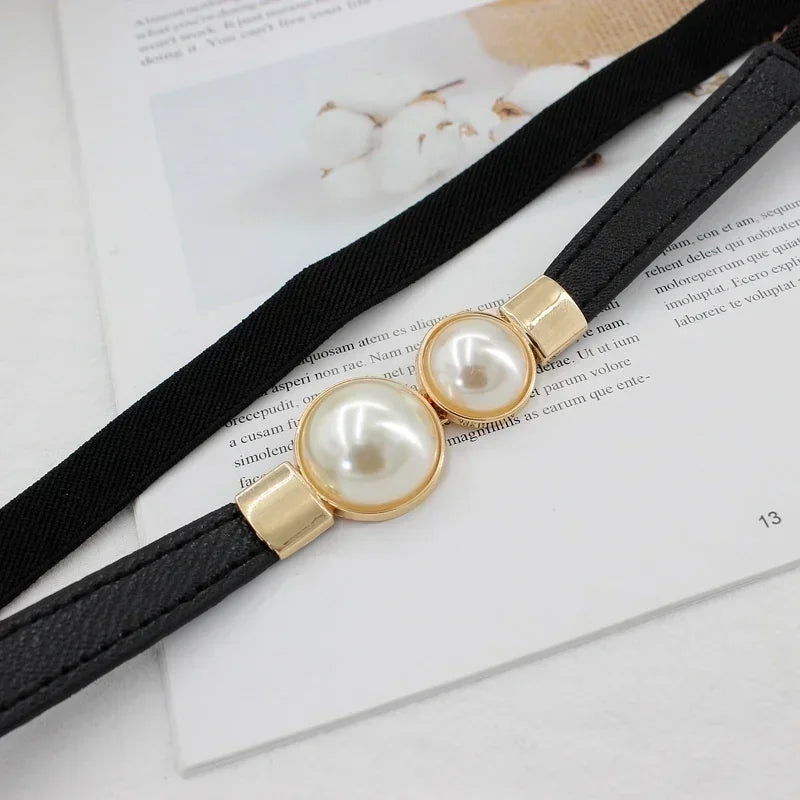 Luxury Designer Brand Ladies Pearl Buckle Waistband Thin PU Leather Belts for Women Belt Dress Skirt Waist Elastic Women Belts