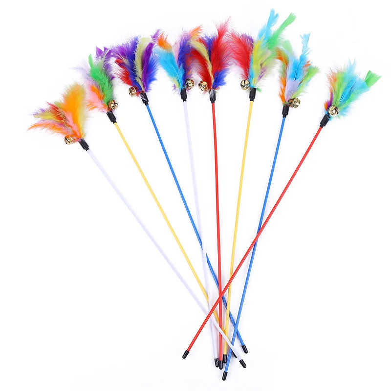 5pcs Funny Kitten Cat Teaser Interactive Toy Rod with Bell and Feather Toys For Pet Cats Stick Wire Chaser Wand Toy Random Color