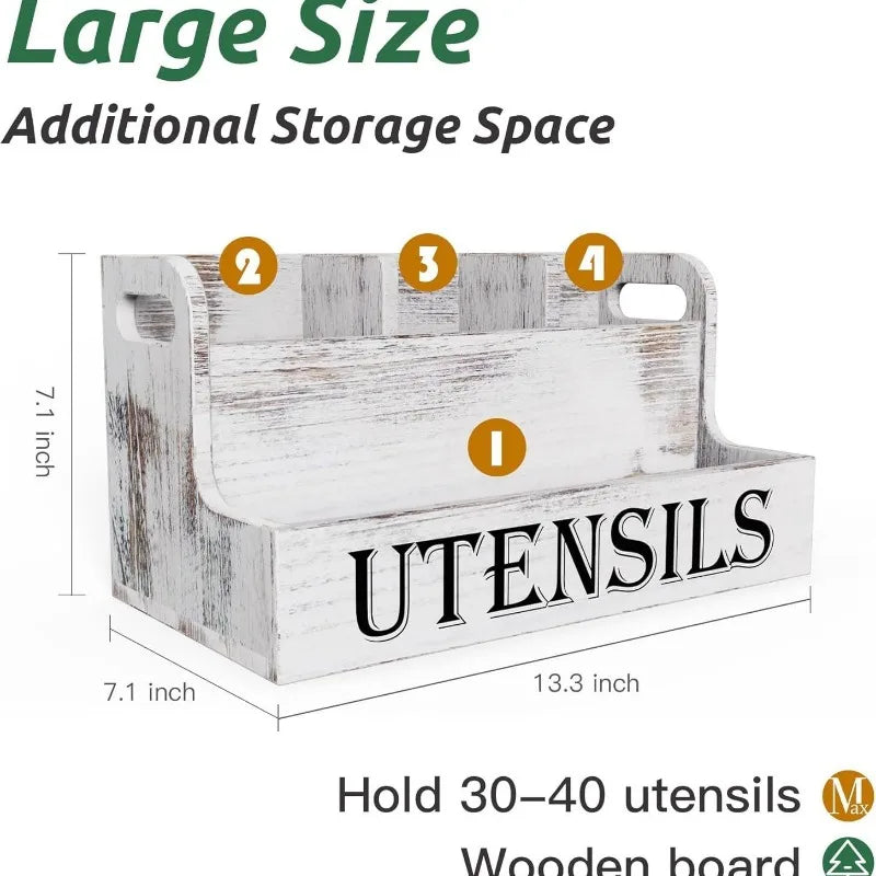 Rural White Wooden Cutlery Storage Box, Kitchen Countertop Cooking Utensil Seasoning Storage Box  Kitchen Storage Container