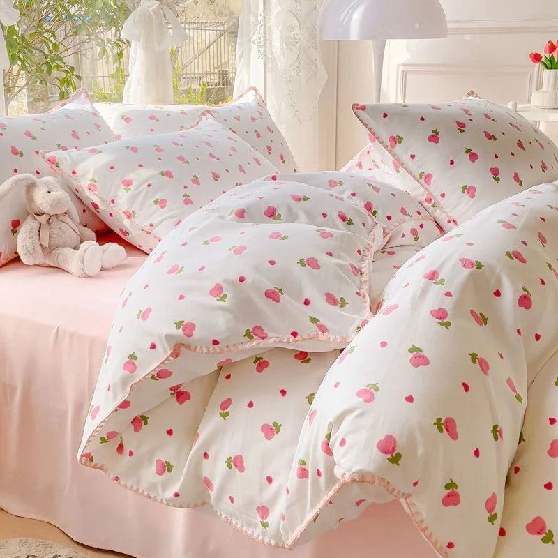 Pastoral Girls Flower Bedding Sets, Washed Cotton Bed Linens, Soft Quilt Cover Sheet Set, Simple Bedspread, Home Textiles