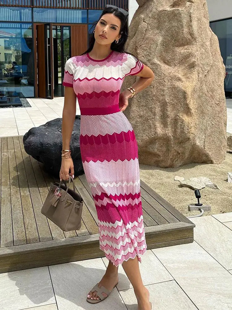 Women Contrast Knitted Slim Maxi Dress Fashion Round Neck Short Sleeve Dresses 2024 Autumn Elegant Lady Vacation Street Vestido