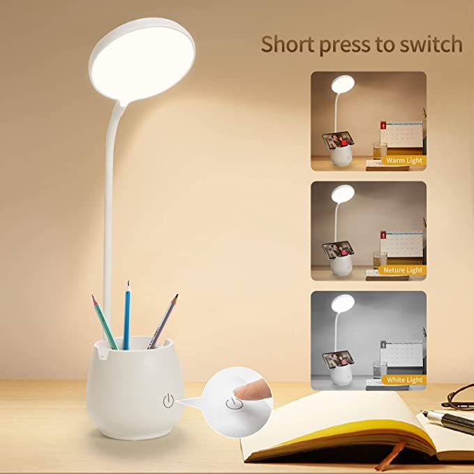 Desk Lamp for Home Office Dorm, Rechargeable Small LED Desk Light with Pen/Phone Holder, Eye-Caring Small Table Lamp with 3 Color Light Modes, USB Night Light for Students Dorm.