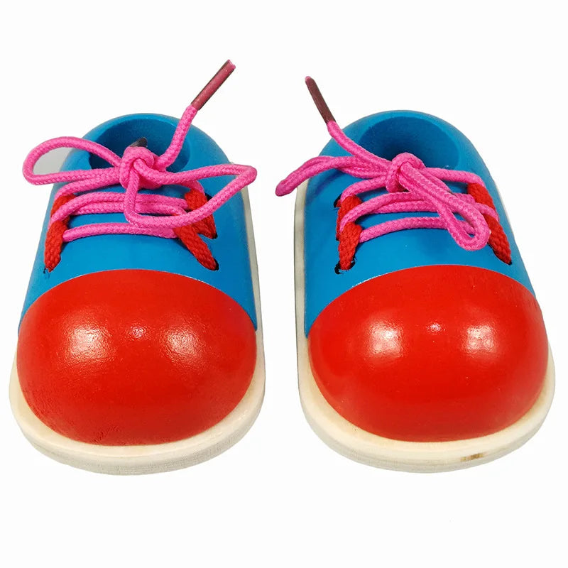 2Pcs Kids Montessori Educational Wooden Toys Tie Shoes Lace up Shoes Toys Toddler Lacing Shoes Early Educational Learning Toys