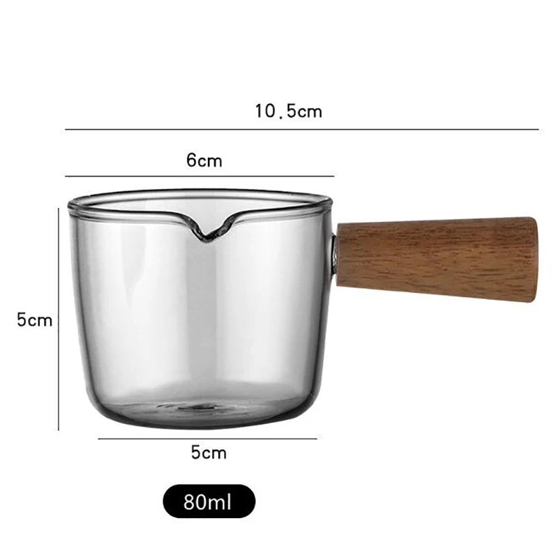 50ml 80ml 100ml Wood Handle Glass Espresso Measuring Cup Double/Single Mouth Milk Jug Coffee Supplies Clear Kitchen Measure Mug