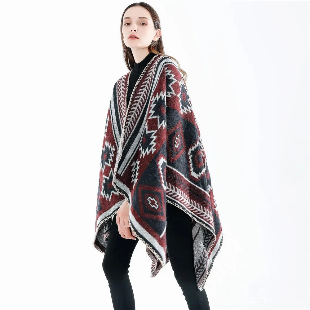 2024 Spring Autumn Geometric Puzzle Women Cloak Simple Fashion Warm Air Conditioning Shawl Travel Cloak Lady Poncho Capes Red