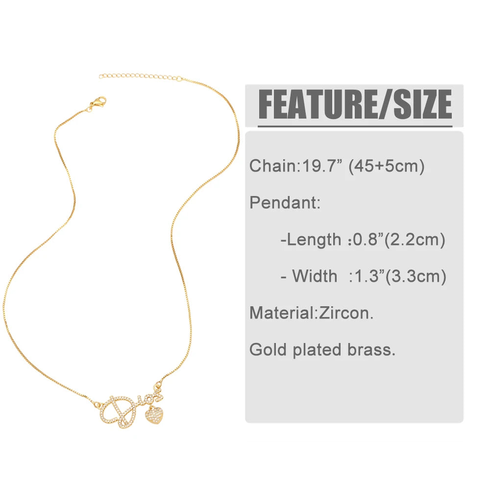 FLOLA Luxury Cz Crystal Heart Necklaces for Women Copper Gold Plated Letter Necklaces Dainty Jewelry Party Gifts nkeb857