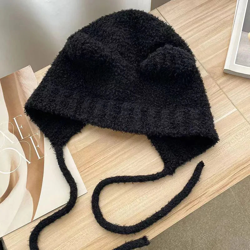 Cute Girl Knit Ear Protection Hat Bear Women Earmuffs Cap Woolen Crochet Bonnet Solid Color Hood Beanies Winter Warm Headgear 모자