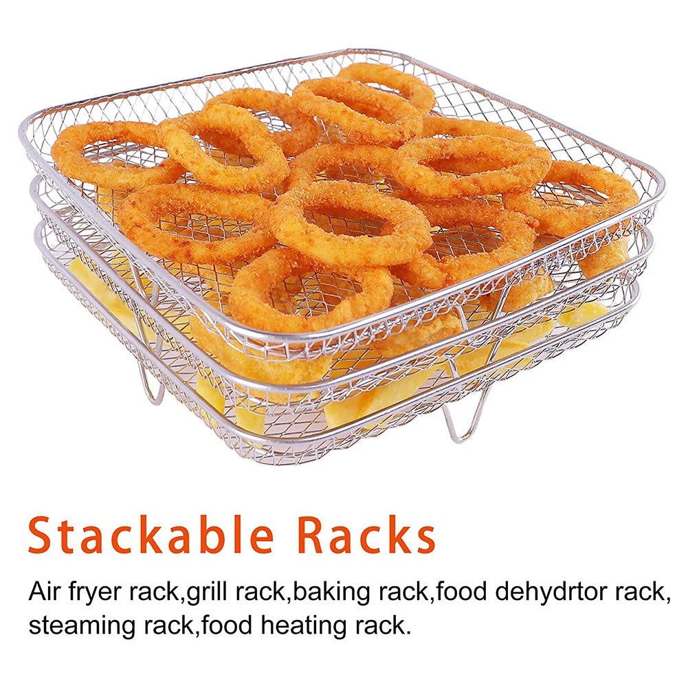 &3-layers Air Fryer Rack Stackable Grid Grilling Rack Stainless Steel Anti-corrosion for Home Kitchen Oven Steamer Cooker Gadgets