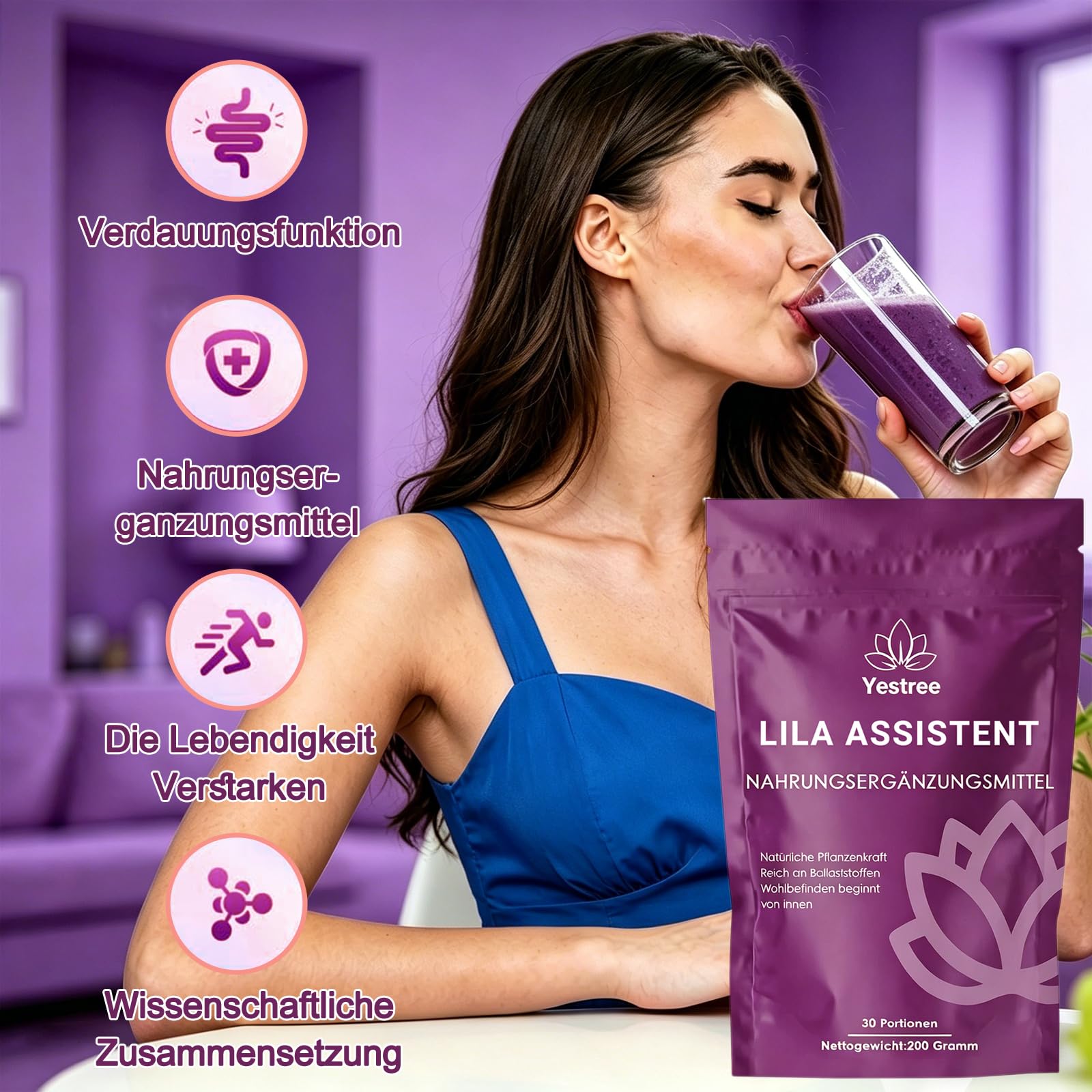 VITAFANT GREEN HELFERS 2 Pack Lila Superfood Pulver, Natürliche Pulverformel mit Aronia, Papaya, Heidelbeere, Inulin, Natürliches Ballaststoffreich Pflanzenpulver 200g
