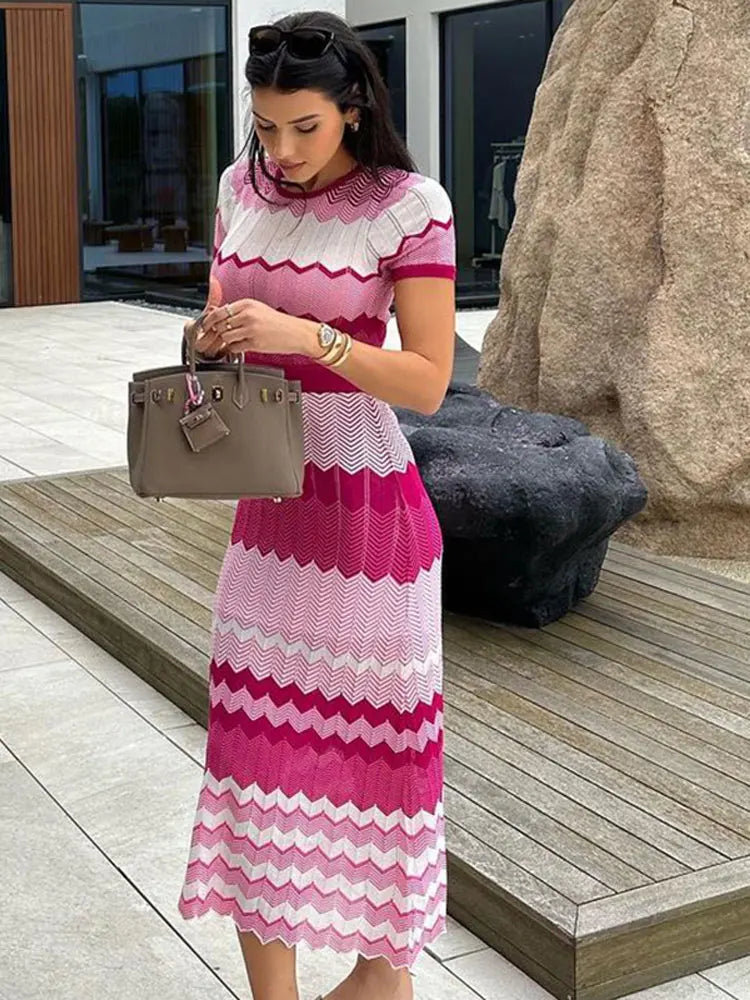 Women Contrast Knitted Slim Maxi Dress Fashion Round Neck Short Sleeve Dresses 2024 Autumn Elegant Lady Vacation Street Vestido