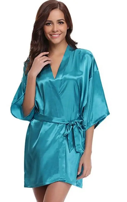 New Silk Kimono Robe Bathrobe Women Silk Bridesmaid Robes Sexy Navy Blue Robes Satin Robe Ladies Dressing Gowns