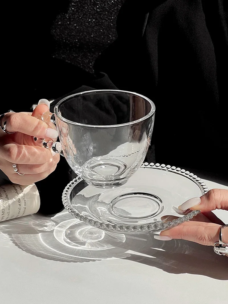 Retro French Glass Coffee Cup and Saucer Household Creative Afternoon Tea Teacup Beads Handle Breakfast Milk Cup Saucer Sets New