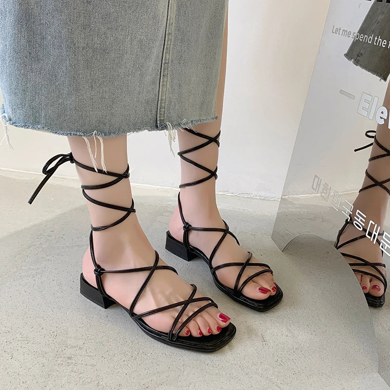 Vintage Open-toe Lace-up Sexy Comfortable Simple Sandals for Women 2023 New Summer Student Square Roman Women's Shoes