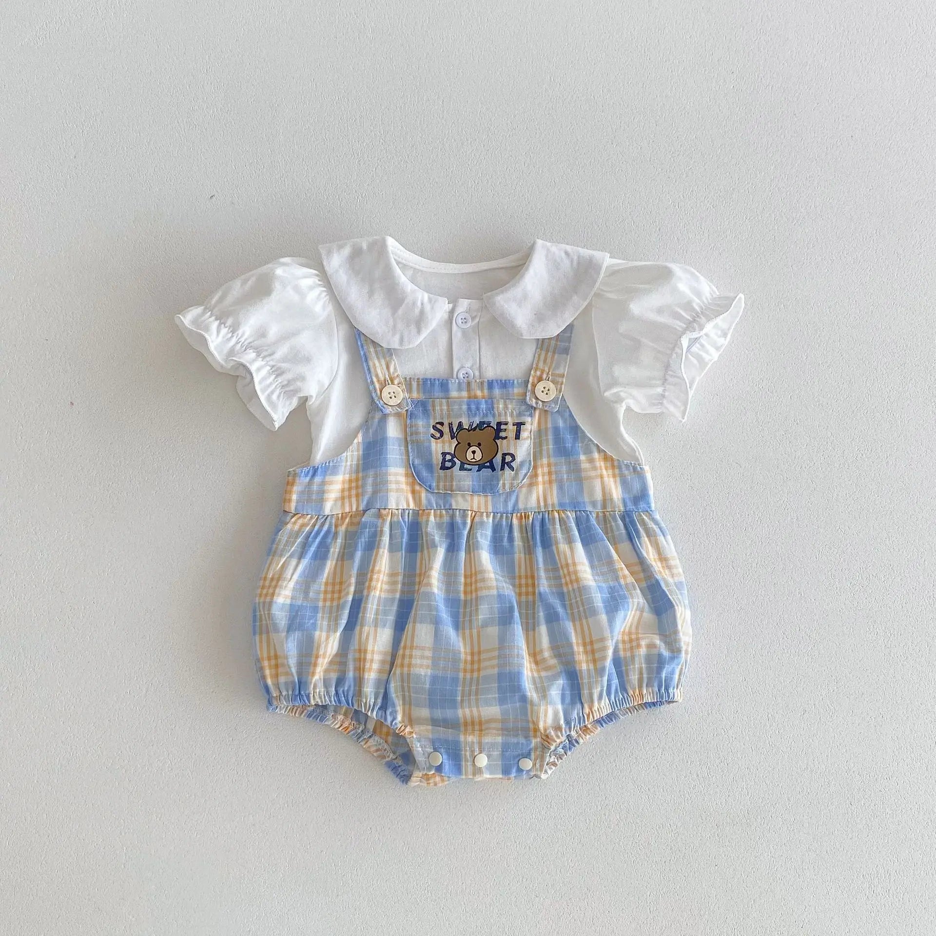 Cute Plaid Embroidery Bear Infant Short Sleeve Outfit