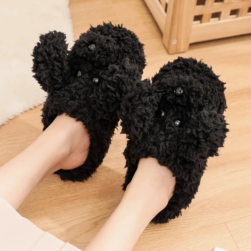 Pallene Short Fur Slippers For Women 2023 Winter Warm Furry Cozy Cotton Shoes For Home Indoor Cute Dog Couples Antiskid Slippers