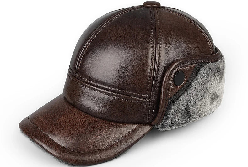 High Quality Genuine Leather Hats Winter First Layer Cowhide Warm Earmuffs Bomber Caps Plus Velvet Thicken Man Bone Caps Dad Hat