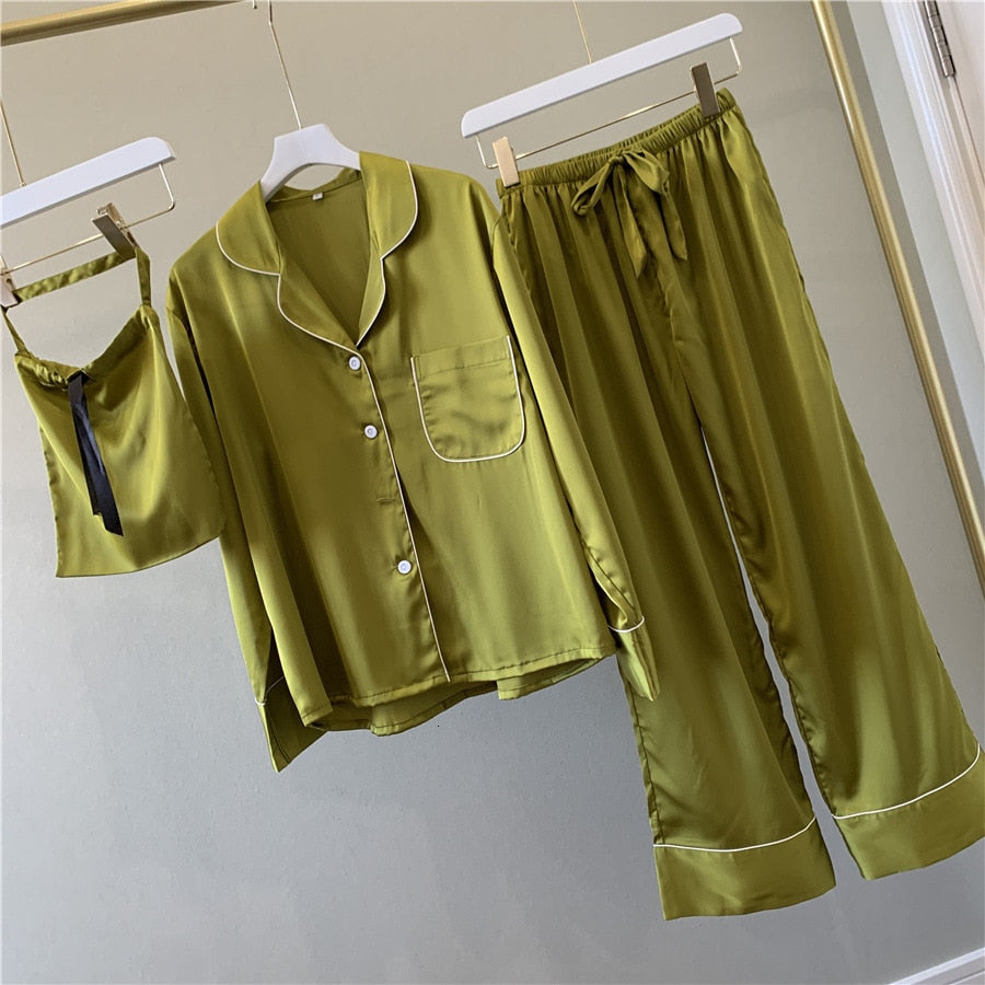 Pure Color Woman Long Sleeve Stain Pajama Set Satin Soft Fashion Pajamas