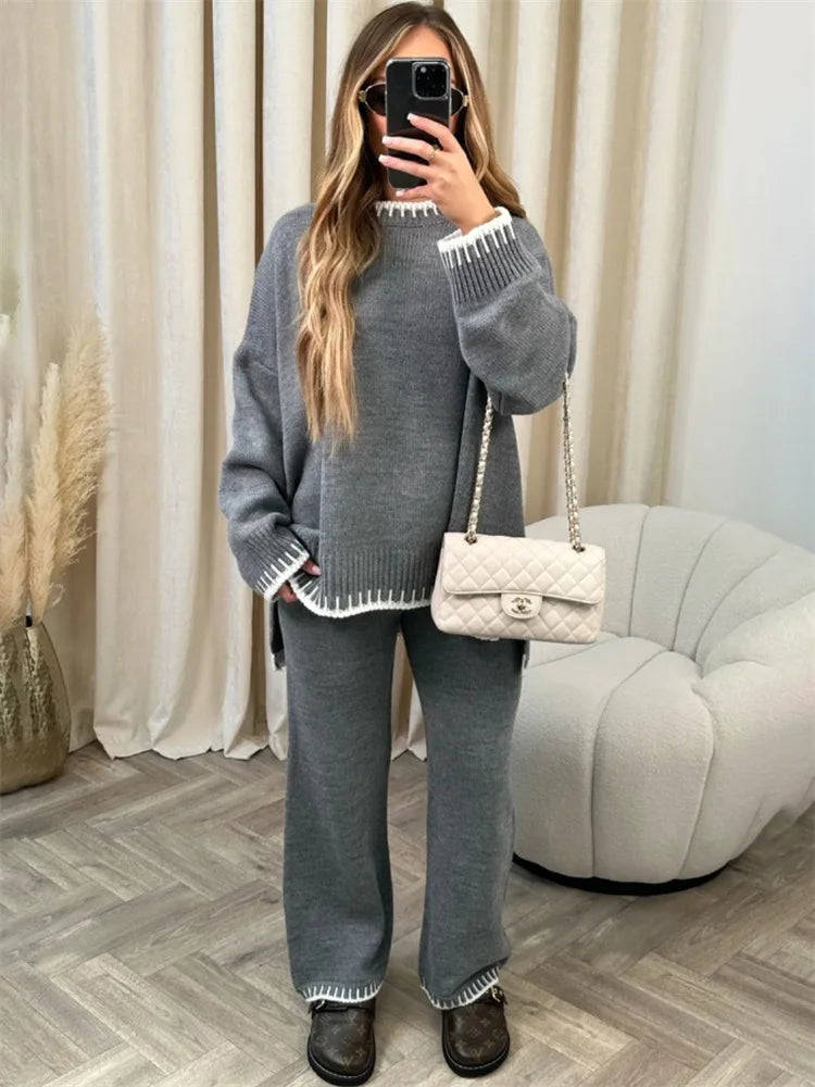 Casual Knitwear 2 Piece-Set Straight Legg Trousers Ladies Contrast Sweater Long Sleeve Pullover Outfits Women's Pants Sets