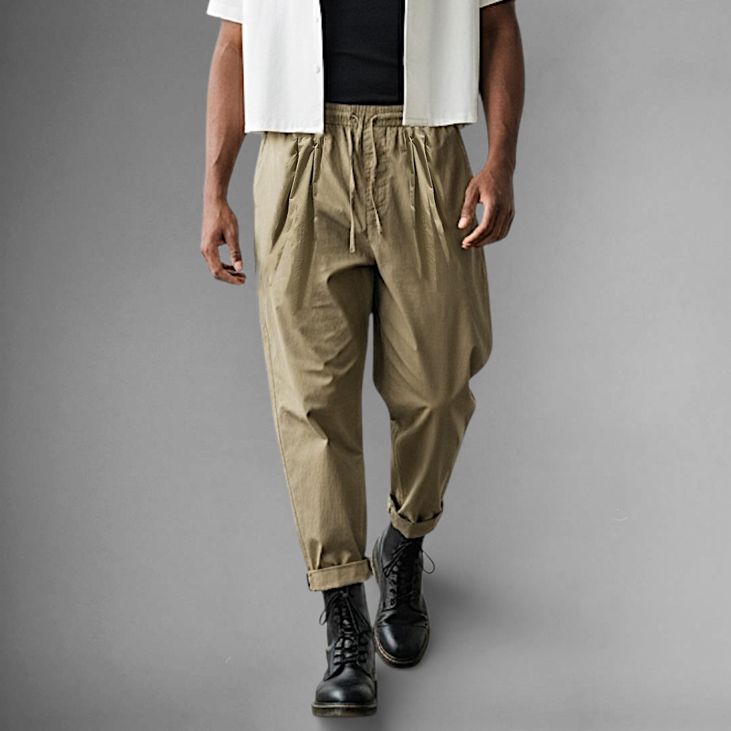 Barrel pleated pants with elastic waist