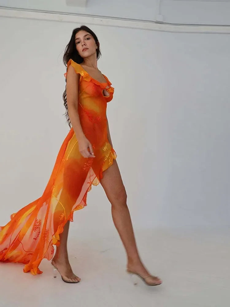 Orange Tie Dyed Printed Trailing Dress Low Cut Backless Ruffle High Split Long Dresses Summer Chic Female Party Evening Robe