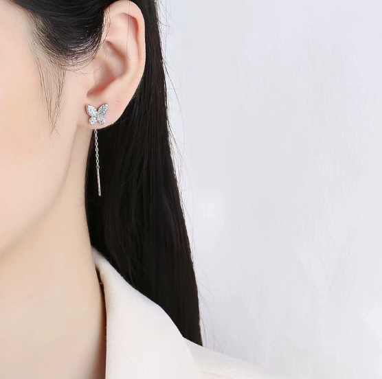 Butterfly Ribbon Threader Earrings - Full Pavé Setting
