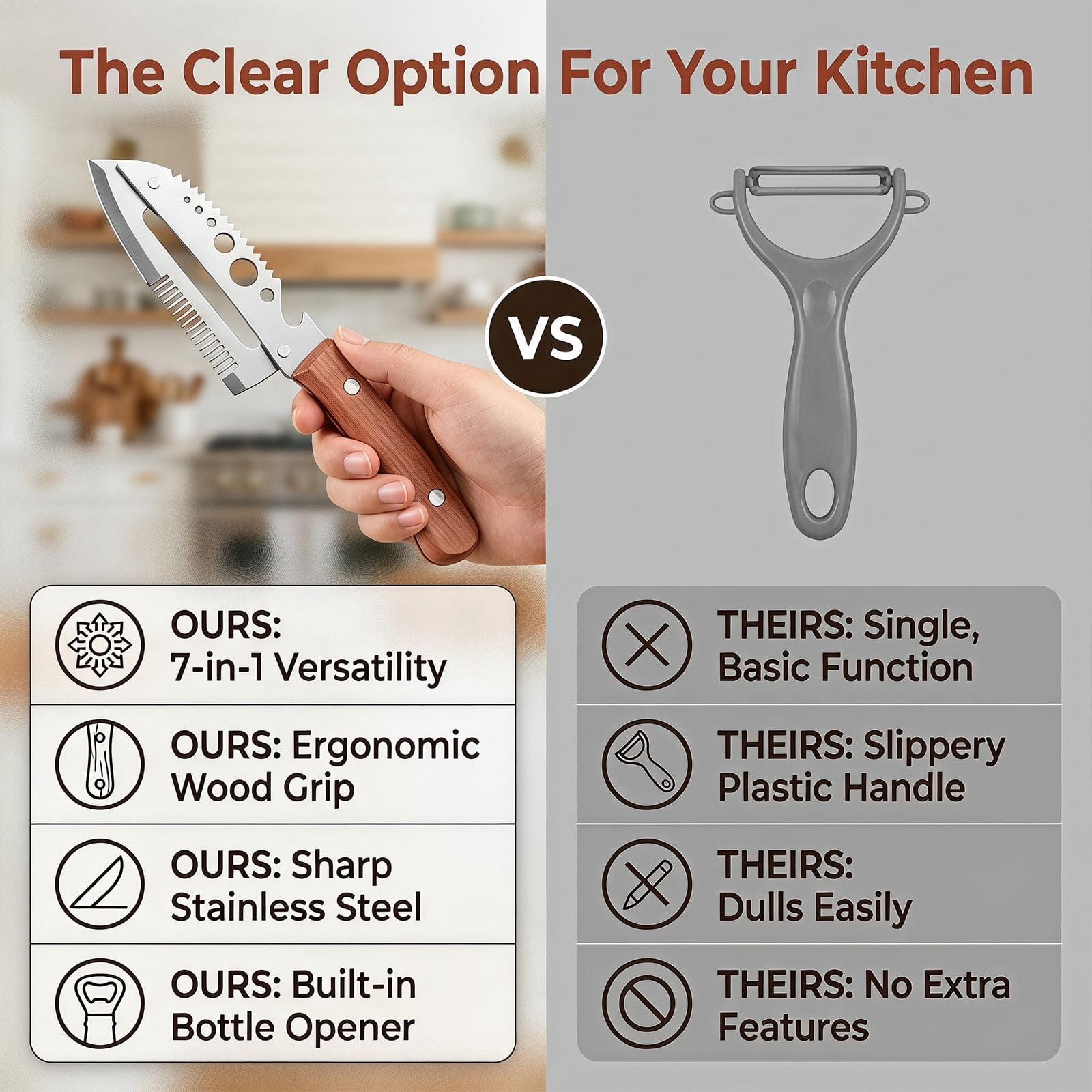 Multifunctional Vegetable Peeler 7-in-1,Kitchen Tool with Wooden Handle, Built-in Knife for Cutting, Peeling, Scaling, Grating & Bottle Opener(1PCS)