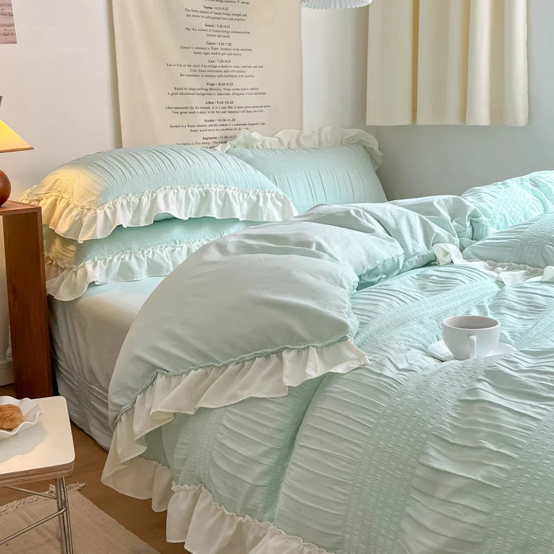 Ins Style Korean Lace Seersucker Washed Cotton 4-piece Bed Sheet Quilt Cover Solid Color Duvet Cover For Girl Spring Decor Home