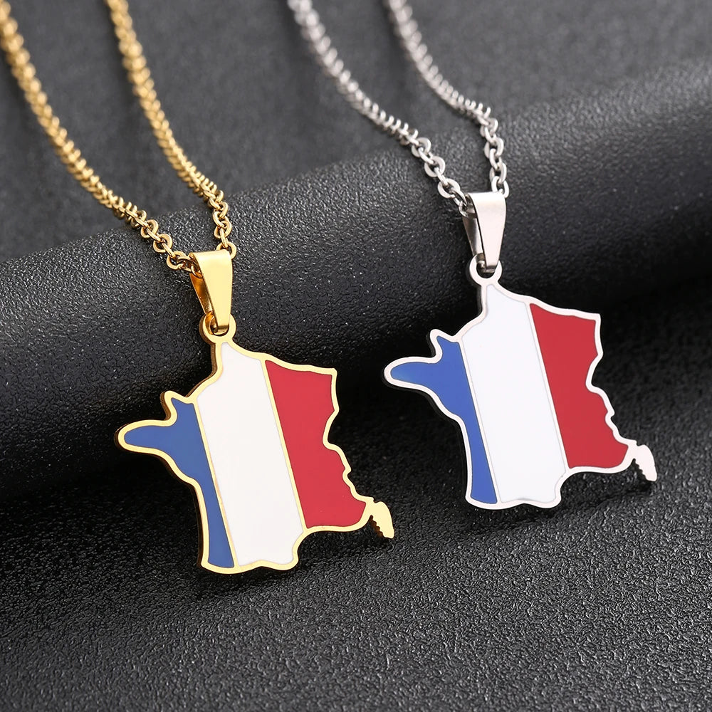 New France Map Flag Pendant Necklace Stainless Steel For Women Men Gold Silver Color Charm Fashion French Jewelry Gifts