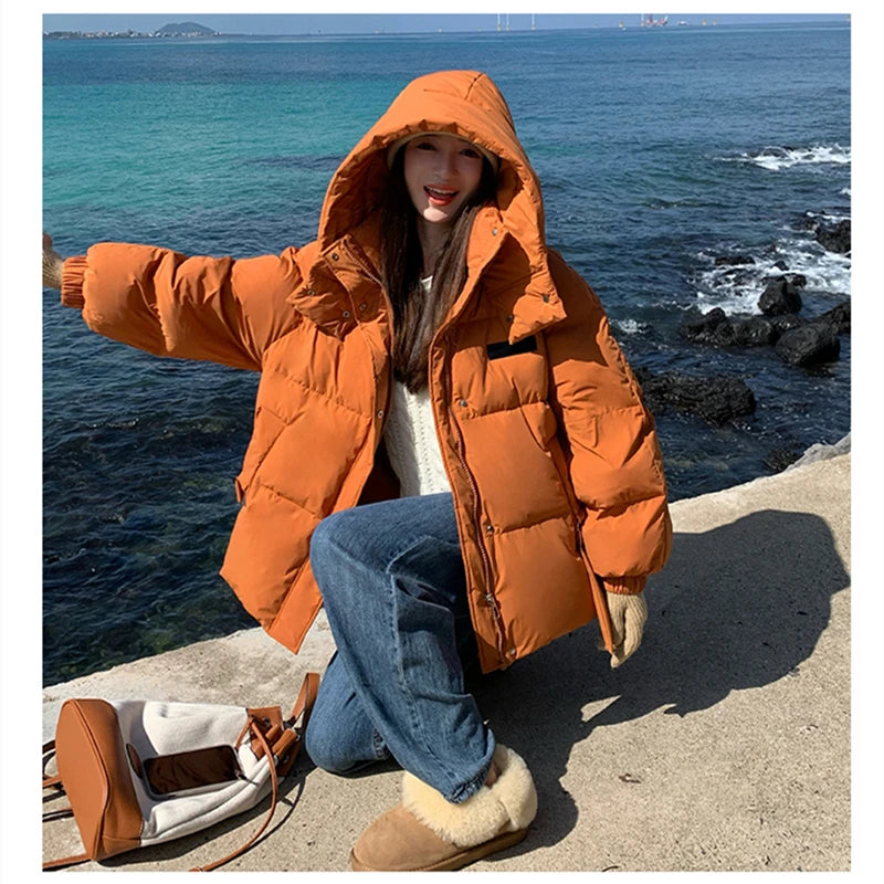 Solid Color Down Jacket Women Hooded Coat Stand Collar Fashion American Streetwear Duck Down Feather Female Winter Short Outwear