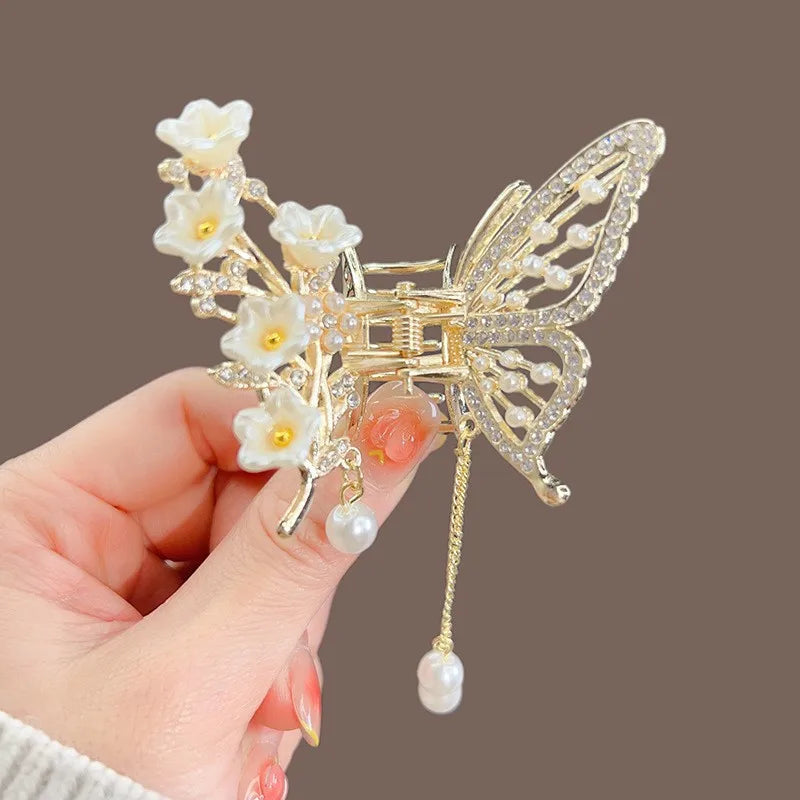 Exquisite Rhinestone Butterfly Fringe Hair Claw Clips Korean New Ponytail Braid Pearl Hairpin Girl Crab Metal Headdress Gift