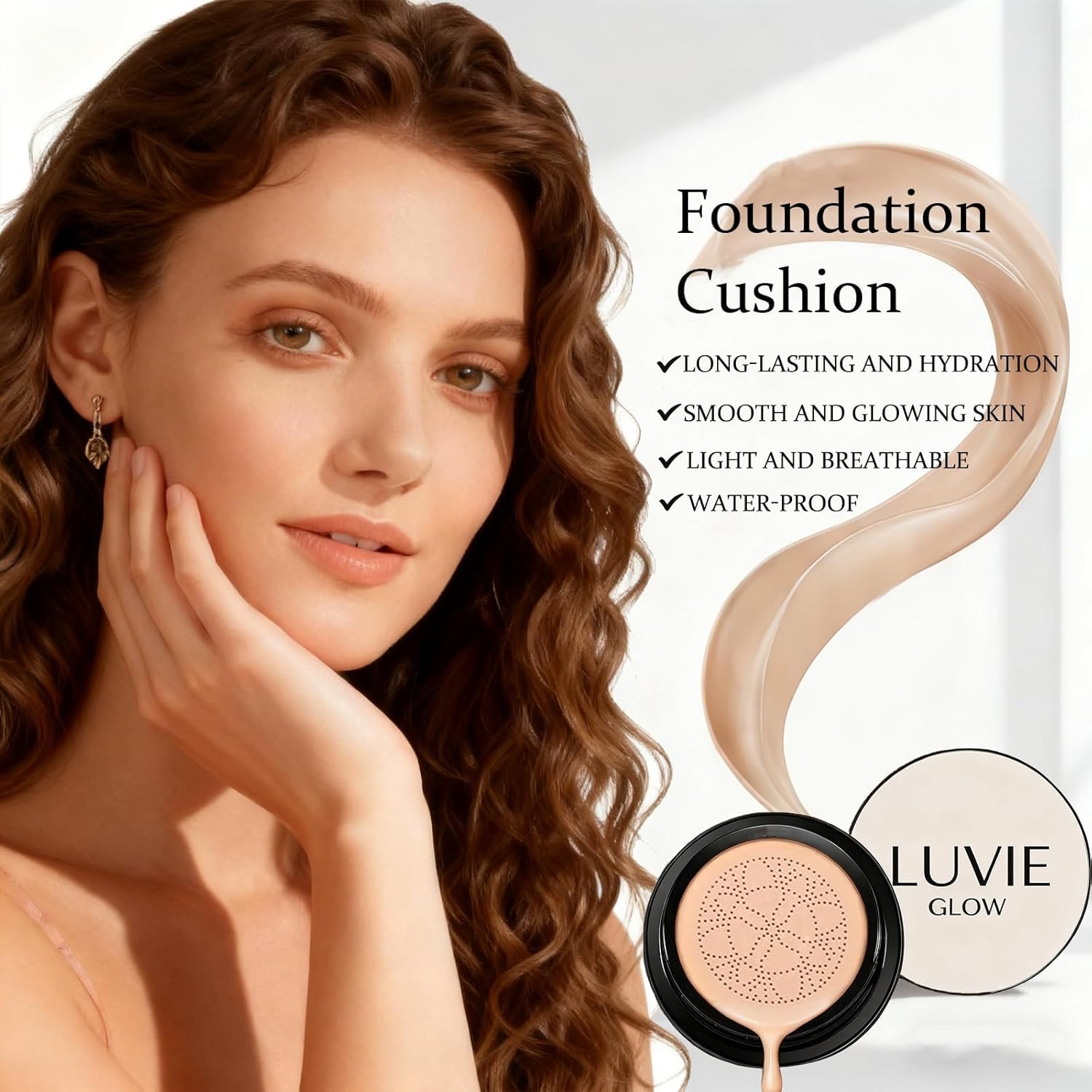 Luvie Glow Foundation Cushion, 2026 New Mushroom Head Air Cushion CC Cream, Luvie Glow Makeup - Moisturizing Concealer Brighten Long-Lasting, Natural BB Cream for All Skin Types