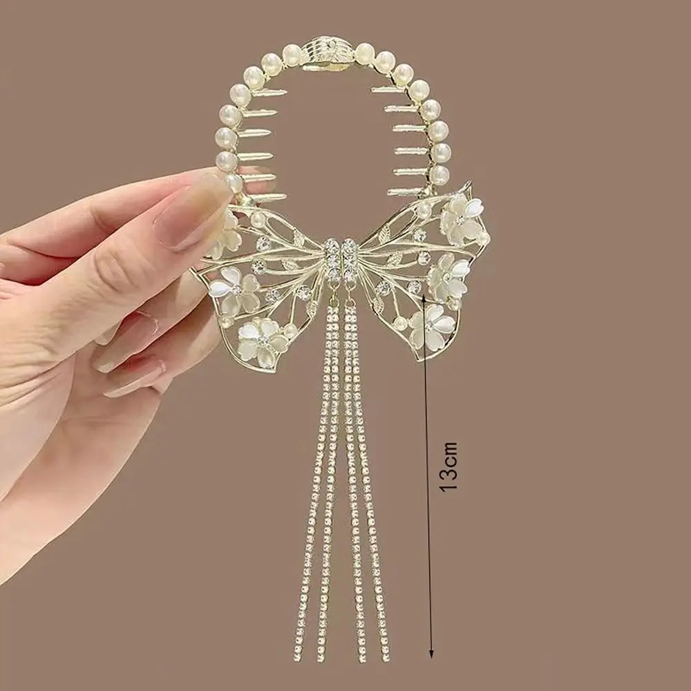 Elegant Retro Meatball Hair Clasp Clip Floristic Pearl Chain Tassels Hair Claw Ponytail Hairpins Women