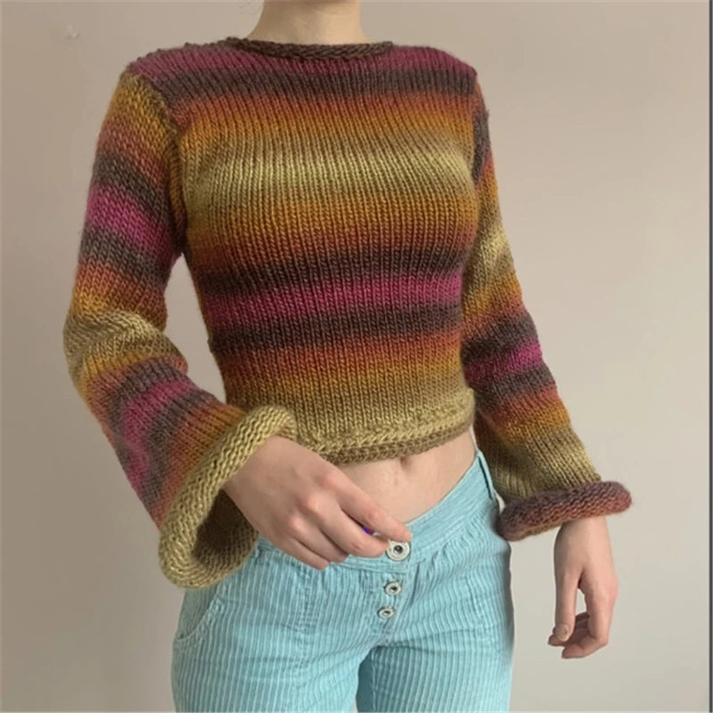 Dourbesty Rainbow Curled Sweater Women Fashion Flared Long Sleeve Loose Knitted Pullovers Fairy Harajuku Vintage Clothes Autumn