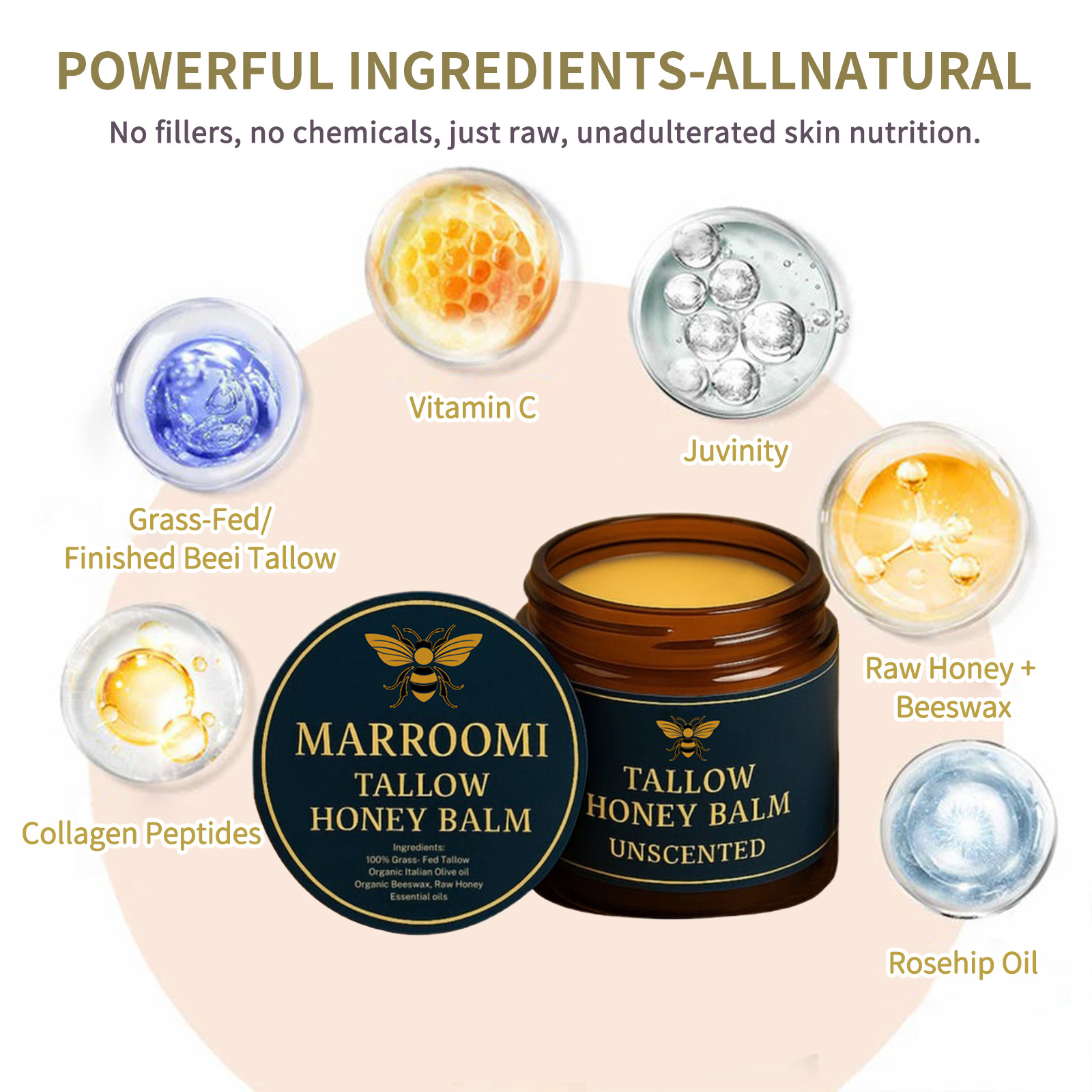Marroomi Tallow Honey Balm, Natural Nourishment Duo, Beef Tallow for Skin, Organic Grass-Fed Beef Tallow-Balm, Soothing Moisturizing for All Skin Types