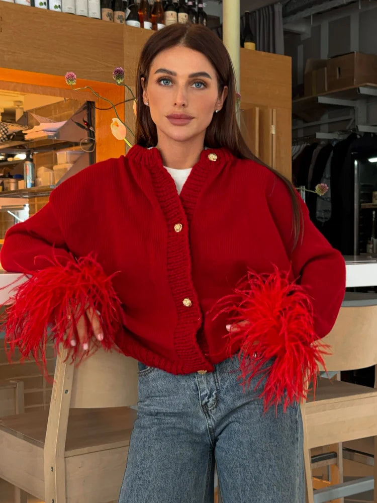 Chic Red Spliced Feather Cuffs Women's Knitted Cardigan Elegant O-neck Metal Buttons Long Sleeve Sweater 2024 Fall Lady Knitwear