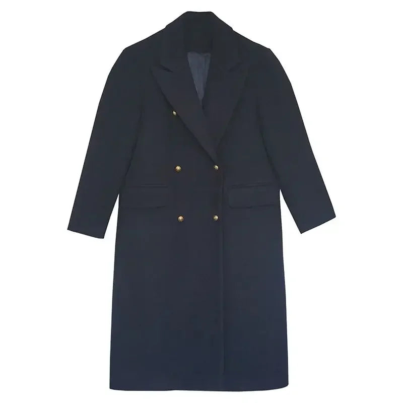 New British Style Navy Blue Woolen Coat Women Jackets Winter Clothes Double breasted Mid Length Wool Suit Jackets Women Clothing