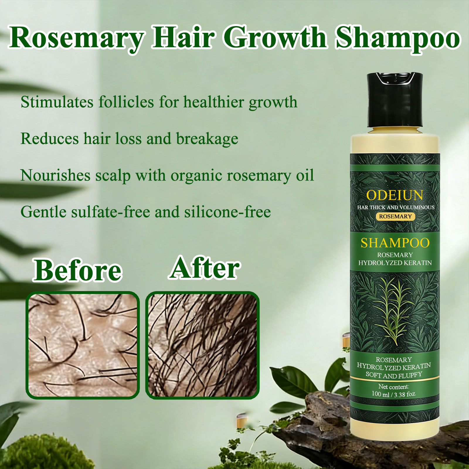 ODEIUN Organic Rosemary Hair Growth Shampoo for Women and Men, Professional Rosemary shampoo, Shampoo for Hair Growth, Natural Ingredients With Hydrolyzed Keratin for Thinning Hair & Hair Loss