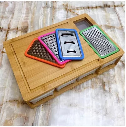 large organic kitchen chopping natural bamboo cutting board with 4 draw tray and 4 vegetable grater