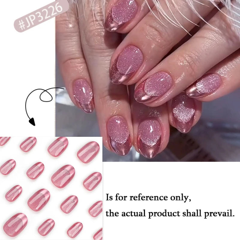 Nude Pink Glitter Cat Eye Nail Art Wearable Solid Color Fake Nails Detachable Finished False Nails Press on Nails with Glue