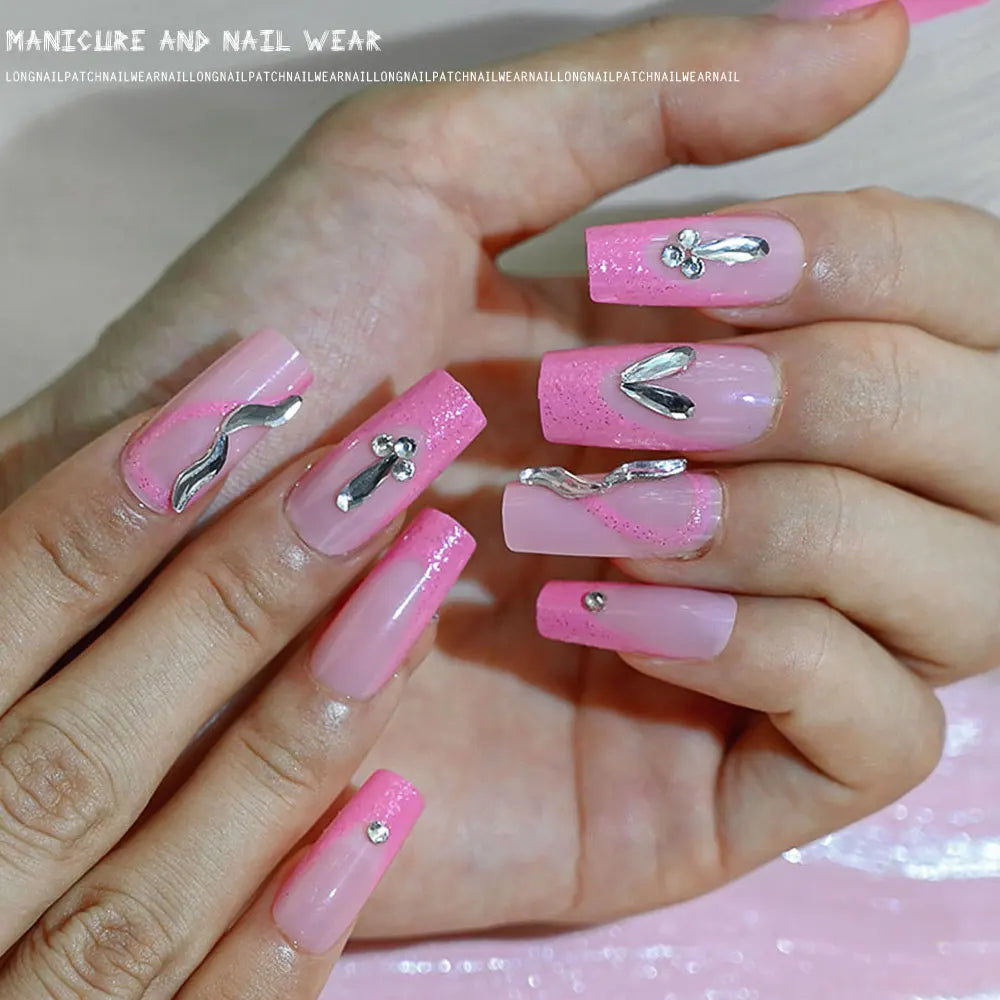 24Pcs Medium Long Ballet Gradient False Nails With Aurora Diamond Full Cover Square Coffin Fake Nails Pink Press-On Fingernails