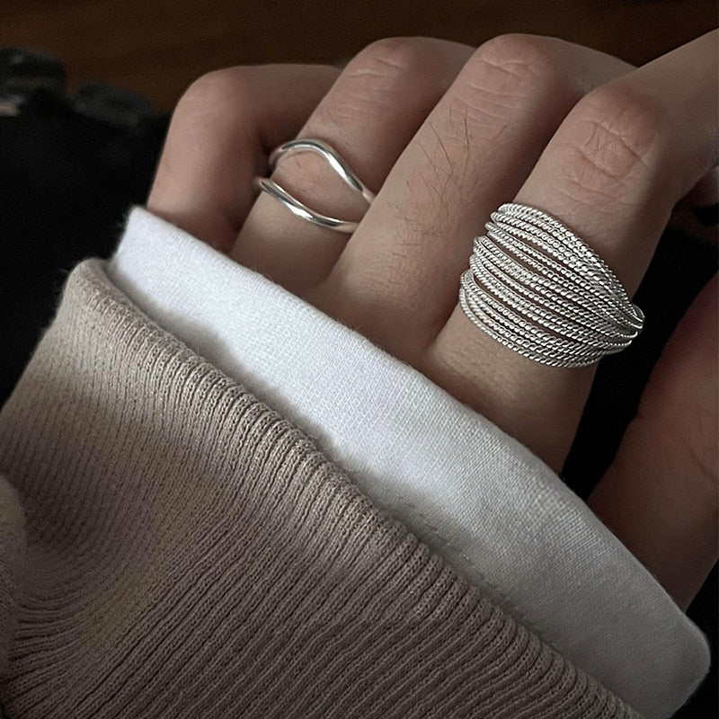 Sterling Silver Unique Lines Ring For Women Jewelry Finger Adjustable Open Vintage Ring For Party Birthday Gift