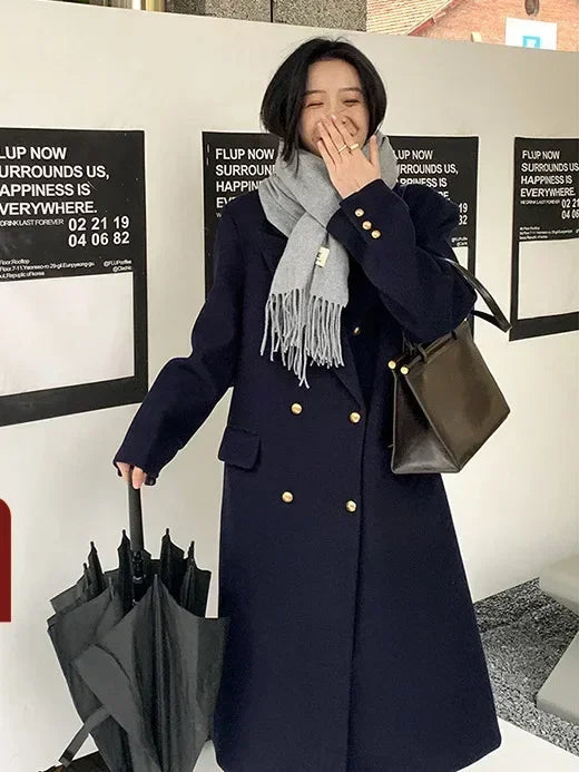 New British Style Navy Blue Woolen Coat Women Jackets Winter Clothes Double breasted Mid Length Wool Suit Jackets Women Clothing